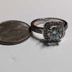 Ocean Blue Light Moissanite VVS Ring , Size 7 , Rhodium Plated 925 Sterling Silver 