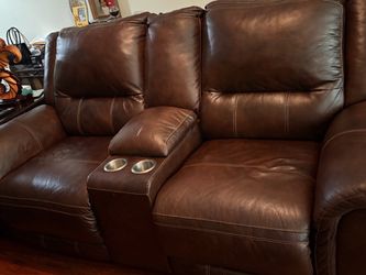 Brown Leather Reclining Loveseat with Console