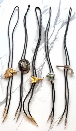 Western Bolo Ties-Set of 5 Heavy Metal Cowboy Novelty -Vintage-New Unused
