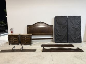 King Bedroom Set w/ Headboard, 2 Marble Top Nightstands & Box Springs