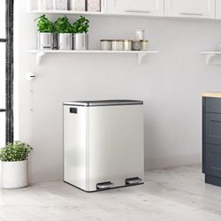 16 GallonStainless Steel Trash Can, 60L Dual Compartment, Metal Kitchen Step Recycle Bin, Metal Double Dustbin, in-Home Garbage Rubbish Can W/Removabl