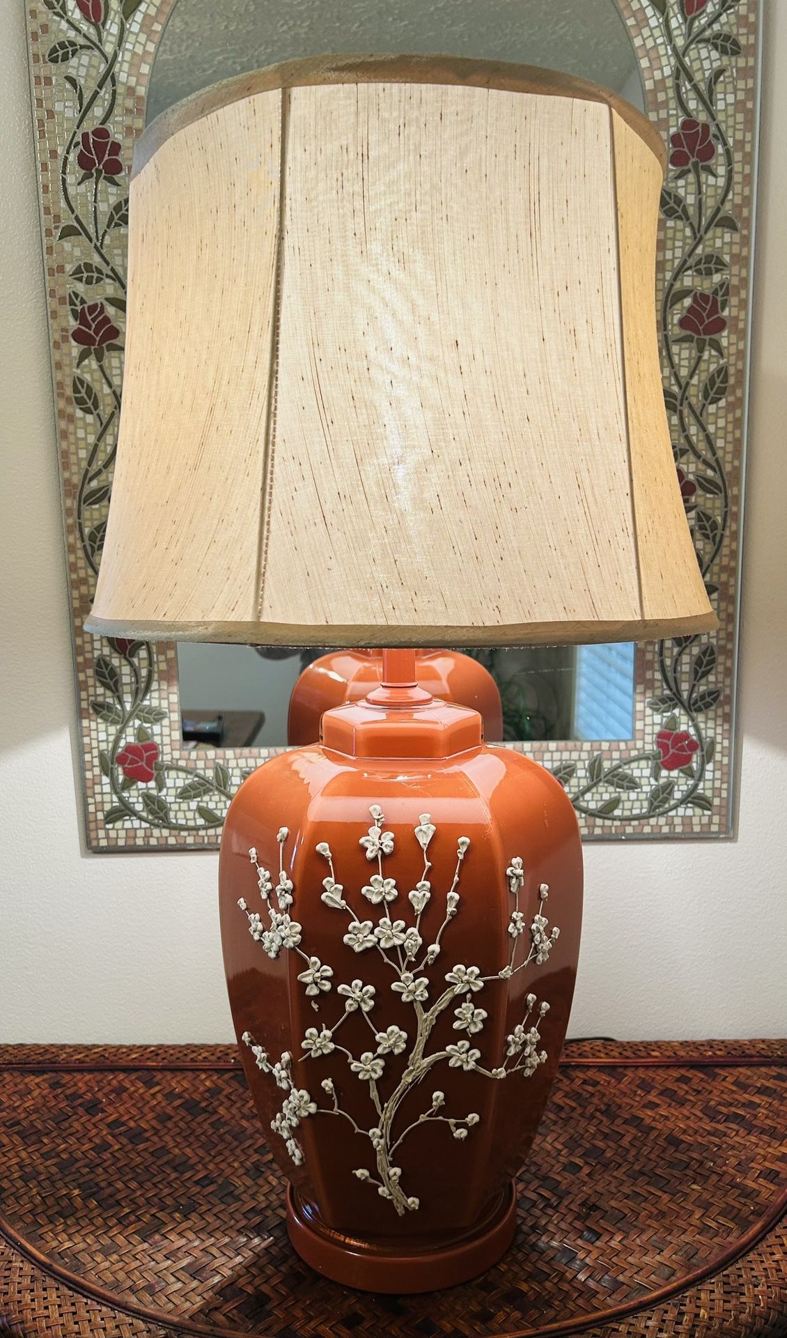 Vintage Glass, Raised Japanese Cherry Blossom Ginger Jar Table Lamp
