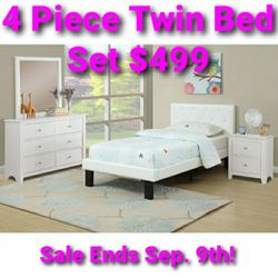 4 Piece Twin Bed Set In White Comes With Bed Frame Nightstand Dresser And Mirror Firm Price $499 Sale Ends Sep. 9th