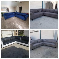 NEW 9x9ft Sectional COUCHES,black Leather, GREY LEATHER, Velvet Navy, Dark GRANITE FABRIC 