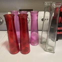 7 red pink & clear flower vases