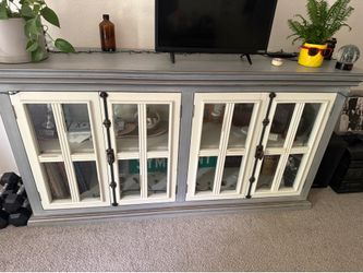 Distressed grey/white window pane cabinet