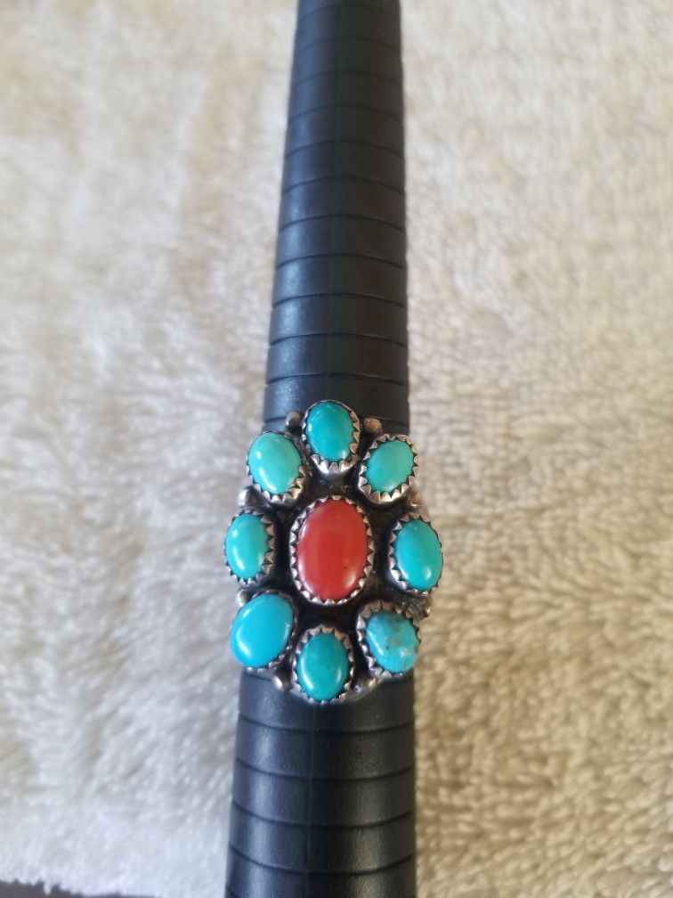 Turquoise And Coral Ring  Size 10 1/2