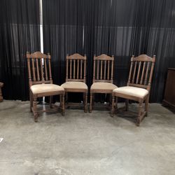 Traditional Brown Wood Dining Chairs with Beige Upholstery