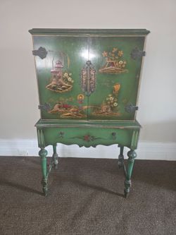 Antique Chinoiserie Green Painted Cabinet on Stand
