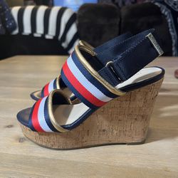 Tommy Hilfiger Women’s 5.5 Wedges Red White Blue Strap Cork Wedge Heels Shoes Size 5 1/2