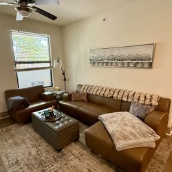 Leather sofa sectional, matching love seat, and ottoman with storage. Entire living room set.
