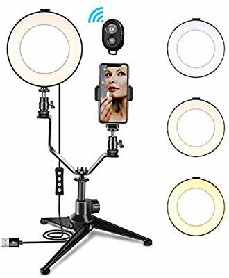 LED Ring Light 6" with Tripod Stand for YouTube Video and Makeup, Mini LED Camera Light with Cell Phone Holder Desktop LED Lamp with 3 Light Modes