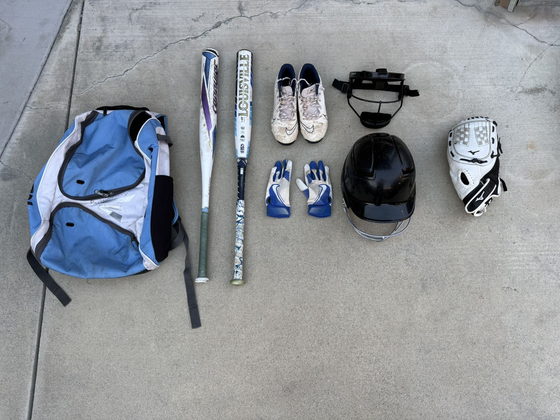 Softball Bats, Glove, Helmet, and Bag