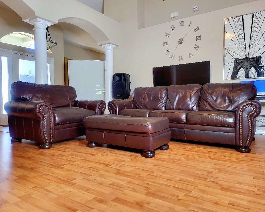 Brown Real Leather Sleeper Sofa Bed, Chair, & Ottoman Set - FREE DELIVERY - $499 🛋 🚚