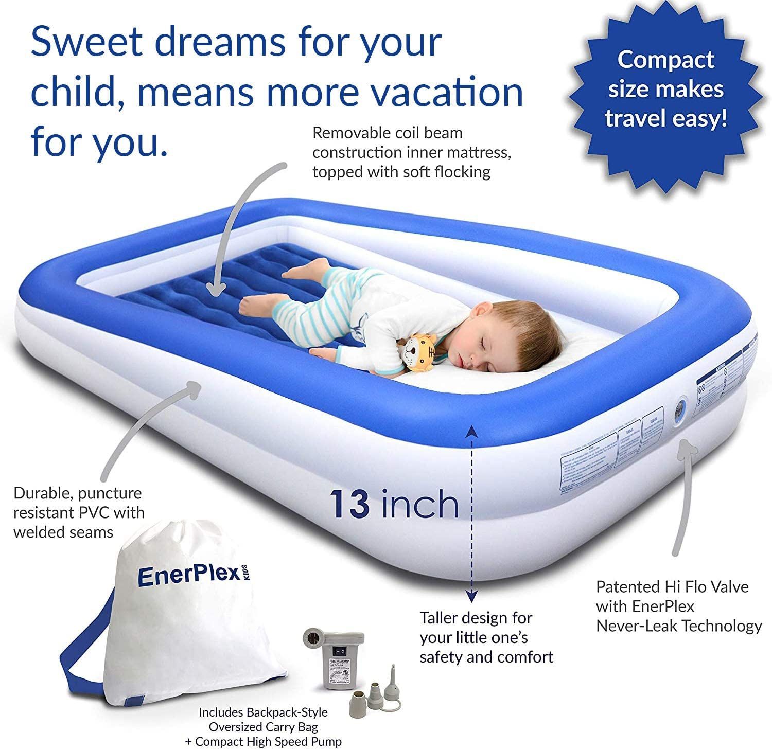 EnerPlex Kids Inflatable Toddler Travel Bed High Speed Pump Portable Air BLUE