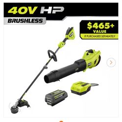 RYOBI 40V HP Brushless 650 CFM 160 MPH Cordless Leaf Blower and Carbon Fiber String Trimmer with 4Ah Battery and Charger