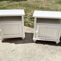 Pair White Wood Nightstands Doors + Shelves End Tables 26.5” x 25” x 17”