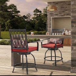 Outdoor Patio Swivel Bar Stool Set of 2 Iron Bar Height Bistro Chairs, with Padded Cushions and Extr