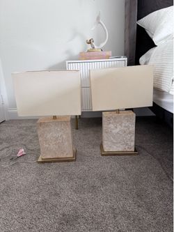 Modern Travertine Table Lamps (Pair) – Linen Shades – Like New