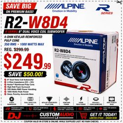 Alpine R Series R2-W8D4 8" Dual Voice Coil Subwoofer 1000 Watts Max🚨 Payment Options Available 🚨 No Credit Needed 🚨