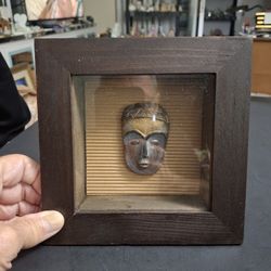 Miniature Carved Tribal Mask In Shadow Box Wooden Frame - It's Either Carved Wood Or Cast Resin With Metallic Finish 6.75" X 6.75"