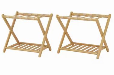 Natural Wood Bamboo 26.77 in. Luggage Stands, Full Assembled Luggage Rack for Guest Room with 5 Nylon Straps (Set of 2