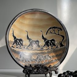 Vintage MCM Hand Carved Elephants & Zebras Heavy Soapstone African Safari Decorative Bowl. STAND NOT INCLUDED! 