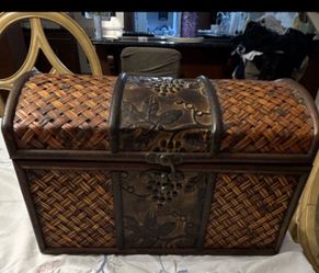 Vintage Brown Wicker Wood Metal Trunk