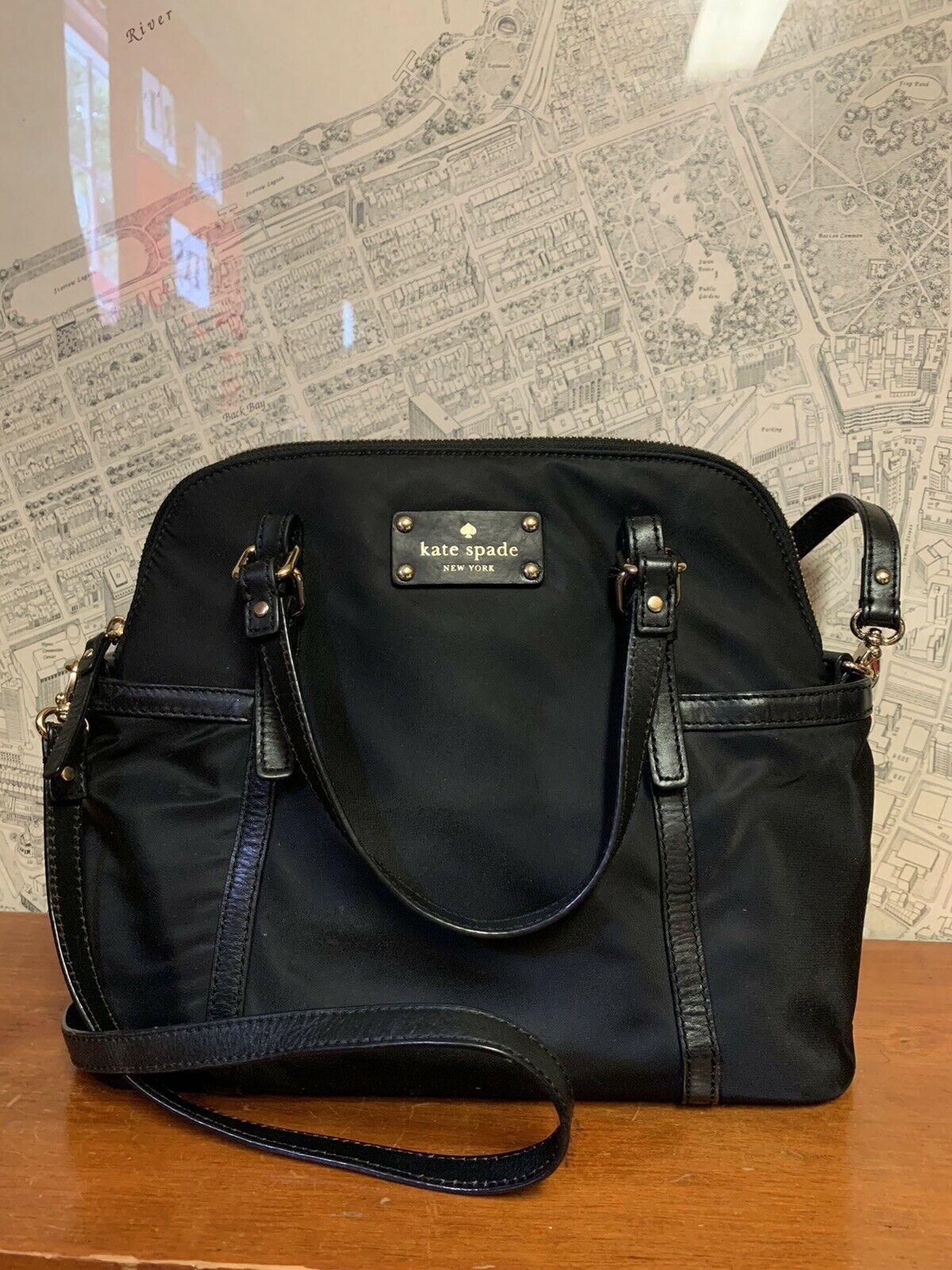 Kate Spade black nylon leather trim satchel cross body bag purse