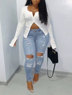 Women's High Waist Ripped Light Blue Jeans