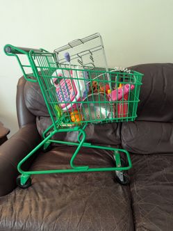 Shopping cart, cash register, food items