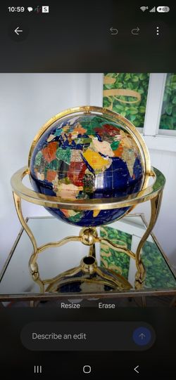 "Vintage Brass Gemstone Globe with Lapis Lazuli Ocean Tabletop Stand."