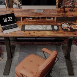 Electric Standing Desk Fezibo Height Adjustable Electric Standing Desk with Double Drawer, 48 x 24 Inch Stand Up Table with Storage Shelf