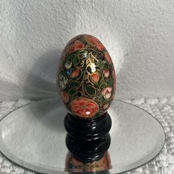 Vintage wooden egg ( Ukrainian ? ) Hand painted with stand