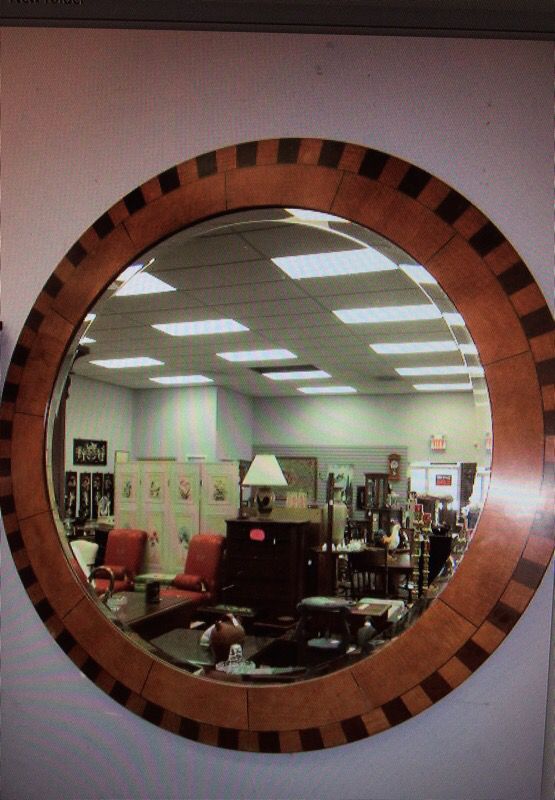 Large round mirror with marquetry frame beveled glass