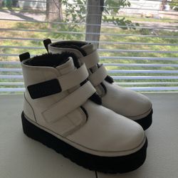 UGG White Leather Platform Velcro Boots – Rare Discontinued Style