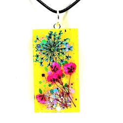 Sunny Yellow Sparkle Real Dried Pink Blue Flowers Green Ferns Necklace