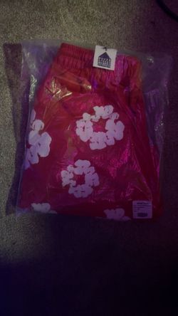 Red denim tear shorts