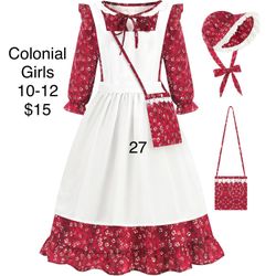 Girls Colonial Prairie Historic Dress Costume 10-12 Halloween School Play Theatre