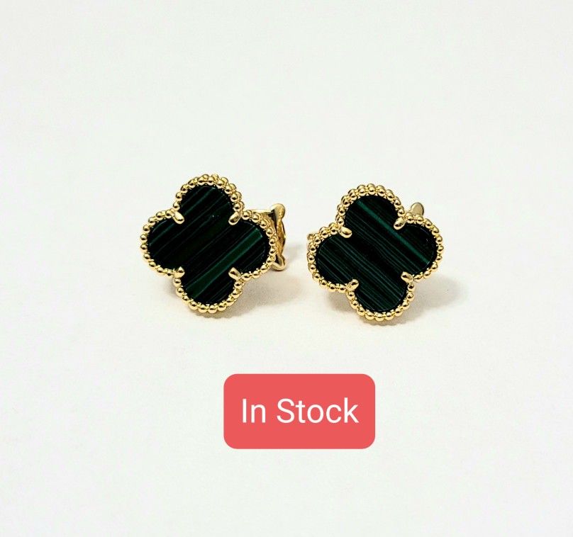 Van 18k Gold Green Pearls Women's Studs Earrings Gift