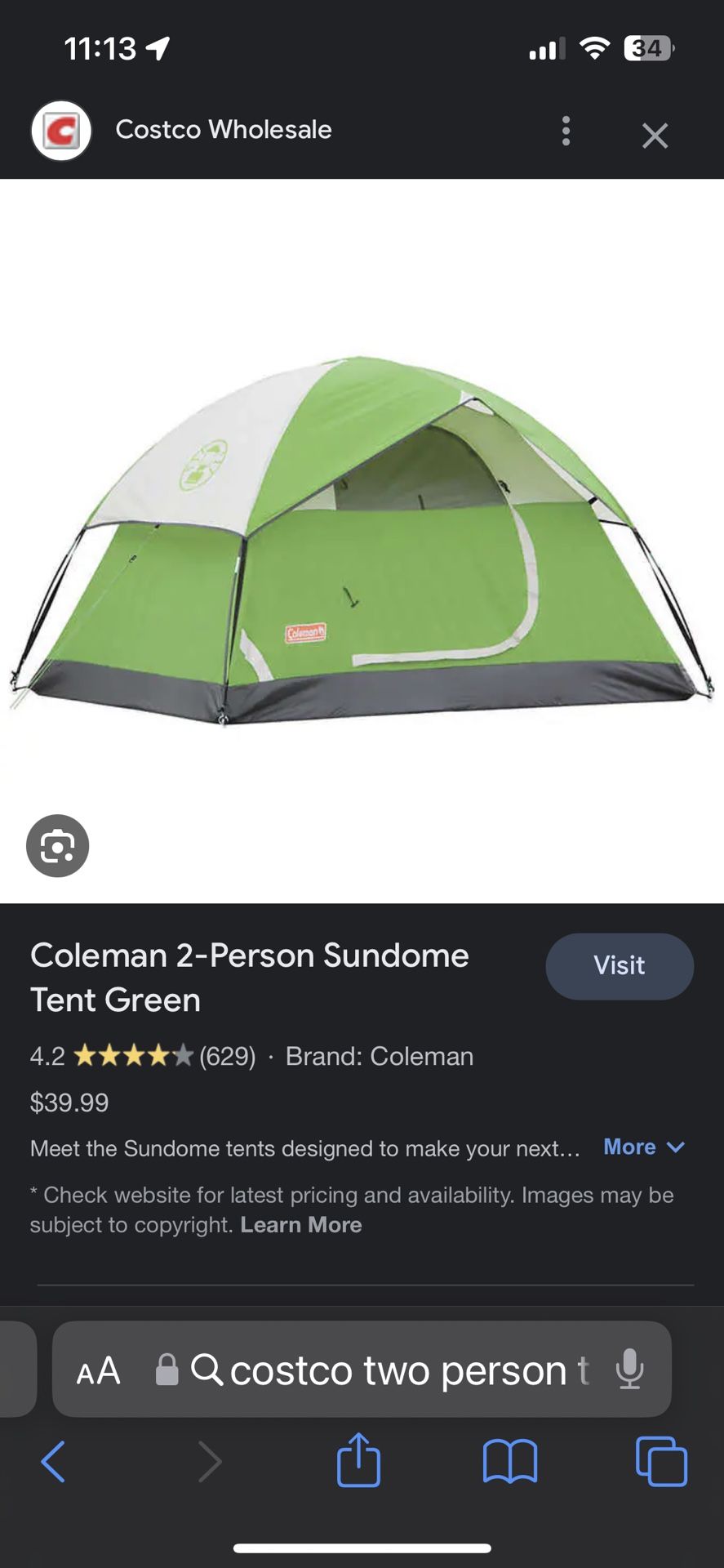 Costco, Two Person Tent And Two Sleeping Bags