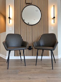 Set of 2 Charcoal Faux Leather Accent / Dining Chairs – Modern Black Metal Legs