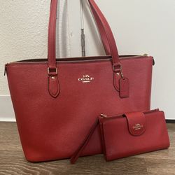 Red Coach Tote And Matching Wallet 