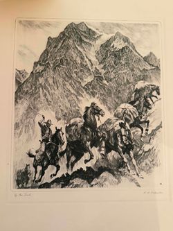 Vintage Print of Etching "Up The Trail" by R.H. Palenske Cowboys Horses