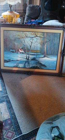 Framed Winter Landscape Oil Painting