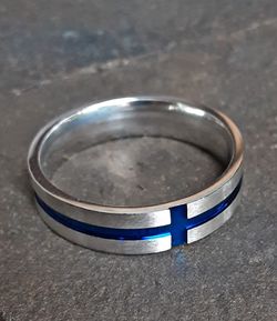 Thin Blue Line Cross Stainless Steel Band Ring Size 14