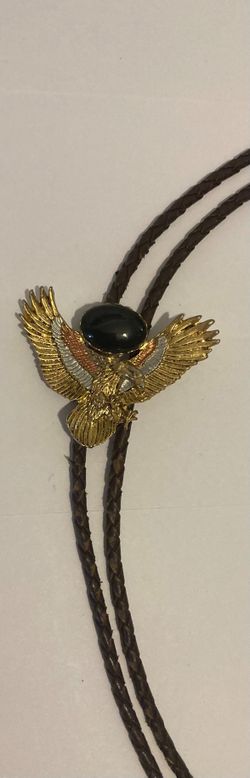 Vintage Metal Bolo Tie, Brass, Silver and Copper, American Bald Eagle, Nice Black Onyx Stone Design, Nice Design, Quality, Heavy Duty, 2 1/4" x 1 3/4"