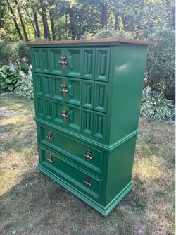 Refinished Bassett Furniture Tall Dresser | Solid Wood | Deep Green & Wood Top