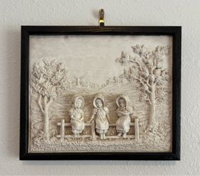 Framed Petrified Limestone Sculptured  Wall Plaque – Country Scene