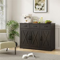 42.5'' Kitchen Buffet Sideboard Cabinet, 3 Drawers Farmhouse Storage Cabinet with Adjustable Shelf, Dark Brown